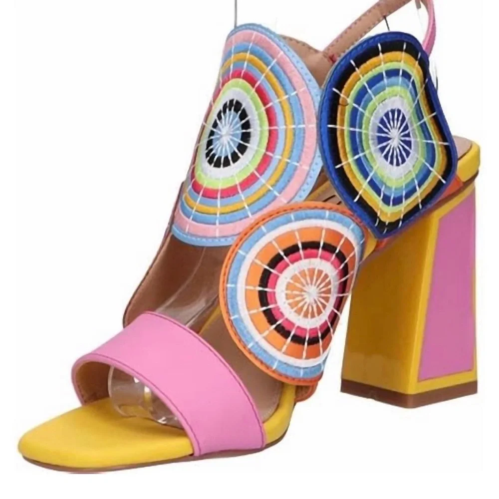 EXE ~ Colorful Sandals Circular Geometric Design Block Heel Ankle Strap size 40